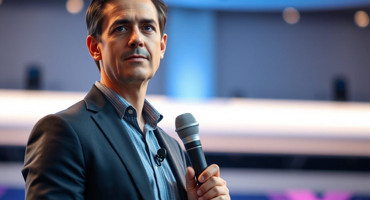 Vercel CEO Guillermo Rauch announcing AI-driven growth and IPO readiness at a tech conference.