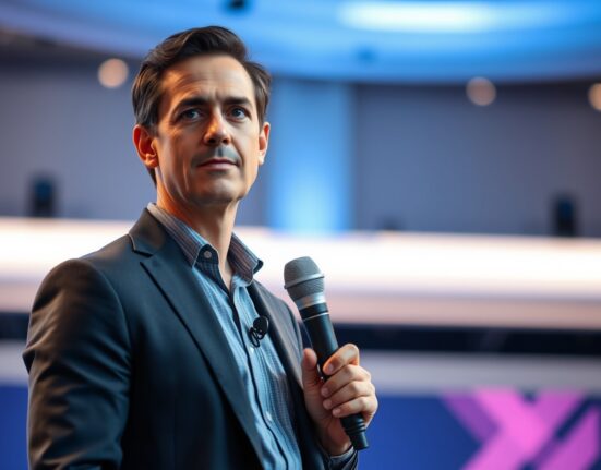 Vercel CEO Guillermo Rauch announcing AI-driven growth and IPO readiness at a tech conference.