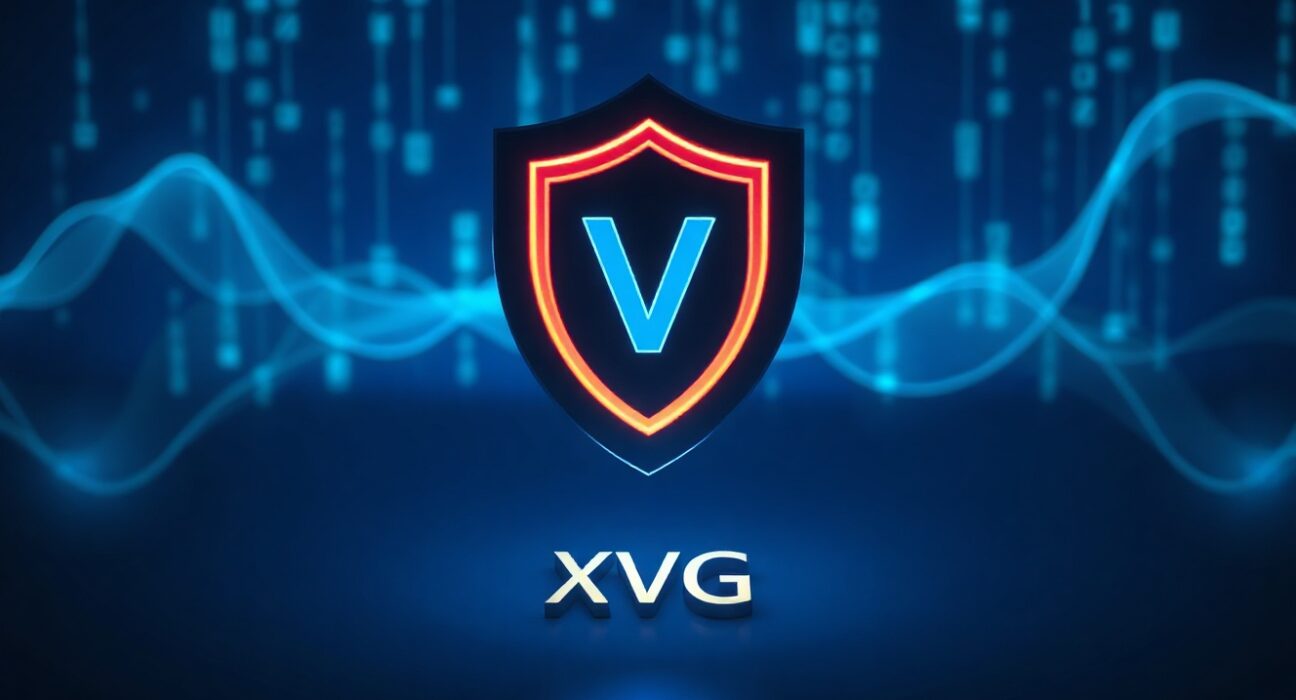 Futuristic digital privacy shield over Verge (XVG) cryptocurrency symbol on dark background