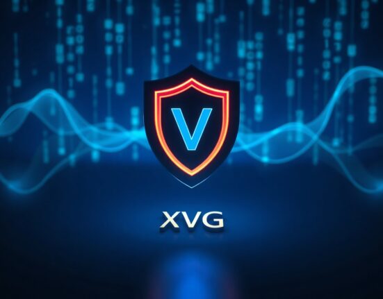 Futuristic digital privacy shield over Verge (XVG) cryptocurrency symbol on dark background