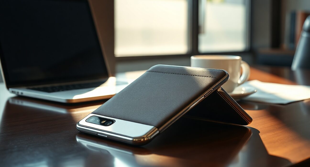 Vertu Alphafold luxury foldable smartphone on an executive desk