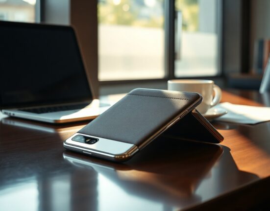 Vertu Alphafold luxury foldable smartphone on an executive desk