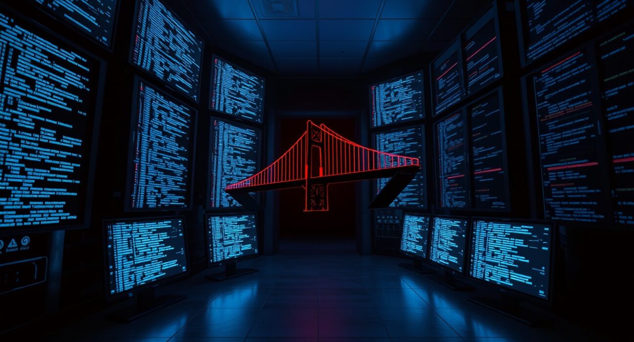 Collapsing digital bridge representing a cross-chain exploit in a dark server room.
