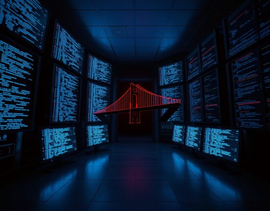 Collapsing digital bridge representing a cross-chain exploit in a dark server room.