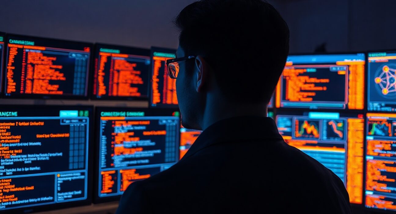 Cybersecurity analyst monitoring blockchain transaction data on multiple screens in a dark operations center