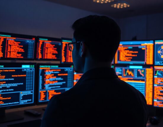 Cybersecurity analyst monitoring blockchain transaction data on multiple screens in a dark operations center
