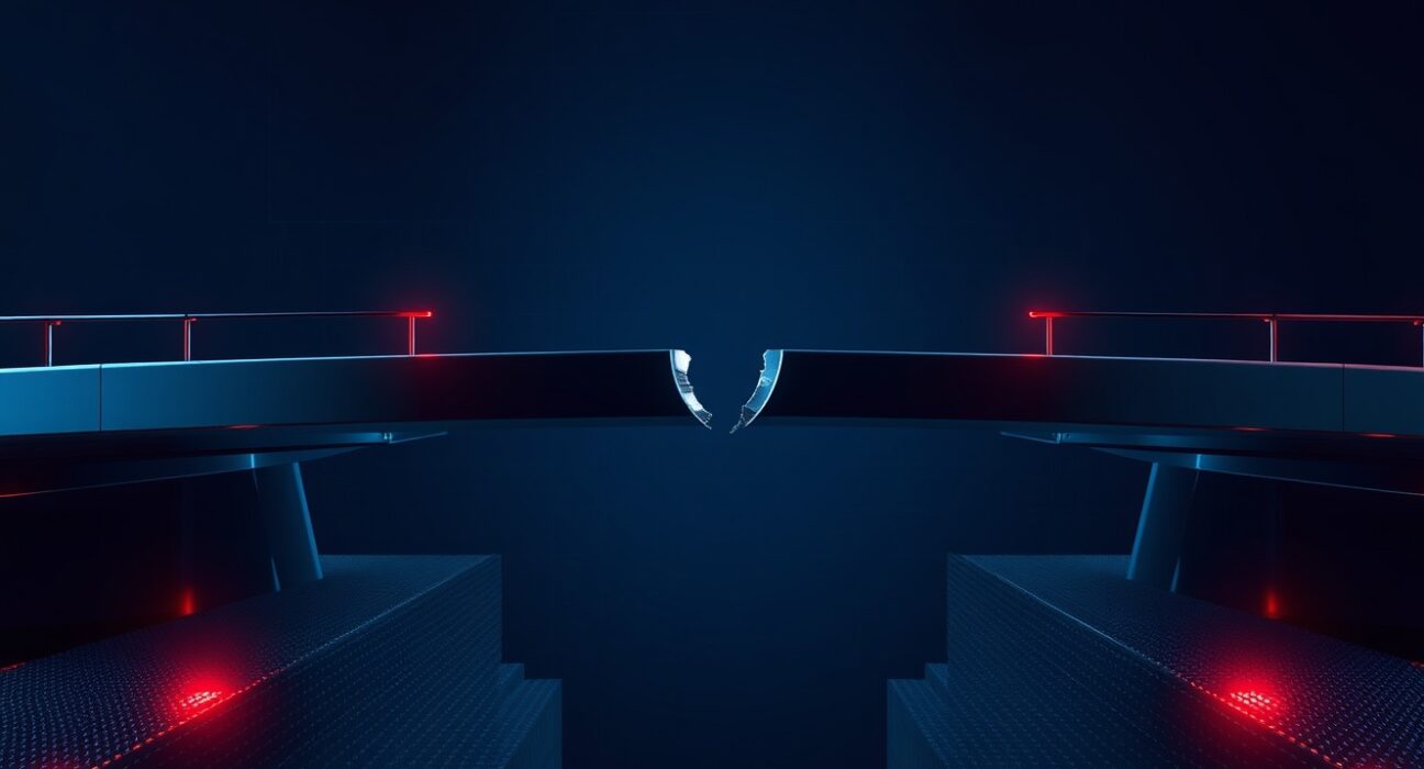 Digital bridge with cracked support beam representing a blockchain bridge security exploit
