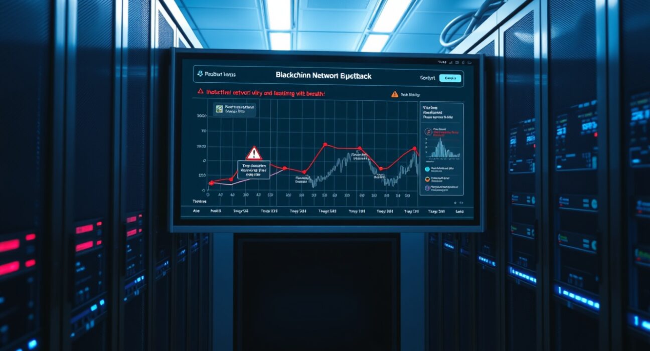 Data center server room with a screen showing a blockchain network breach alert