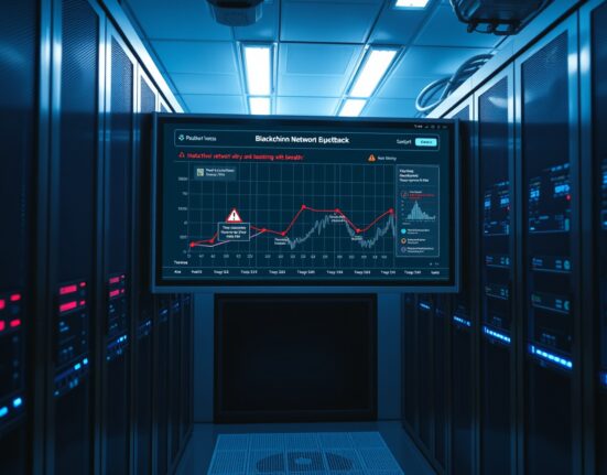 Data center server room with a screen showing a blockchain network breach alert