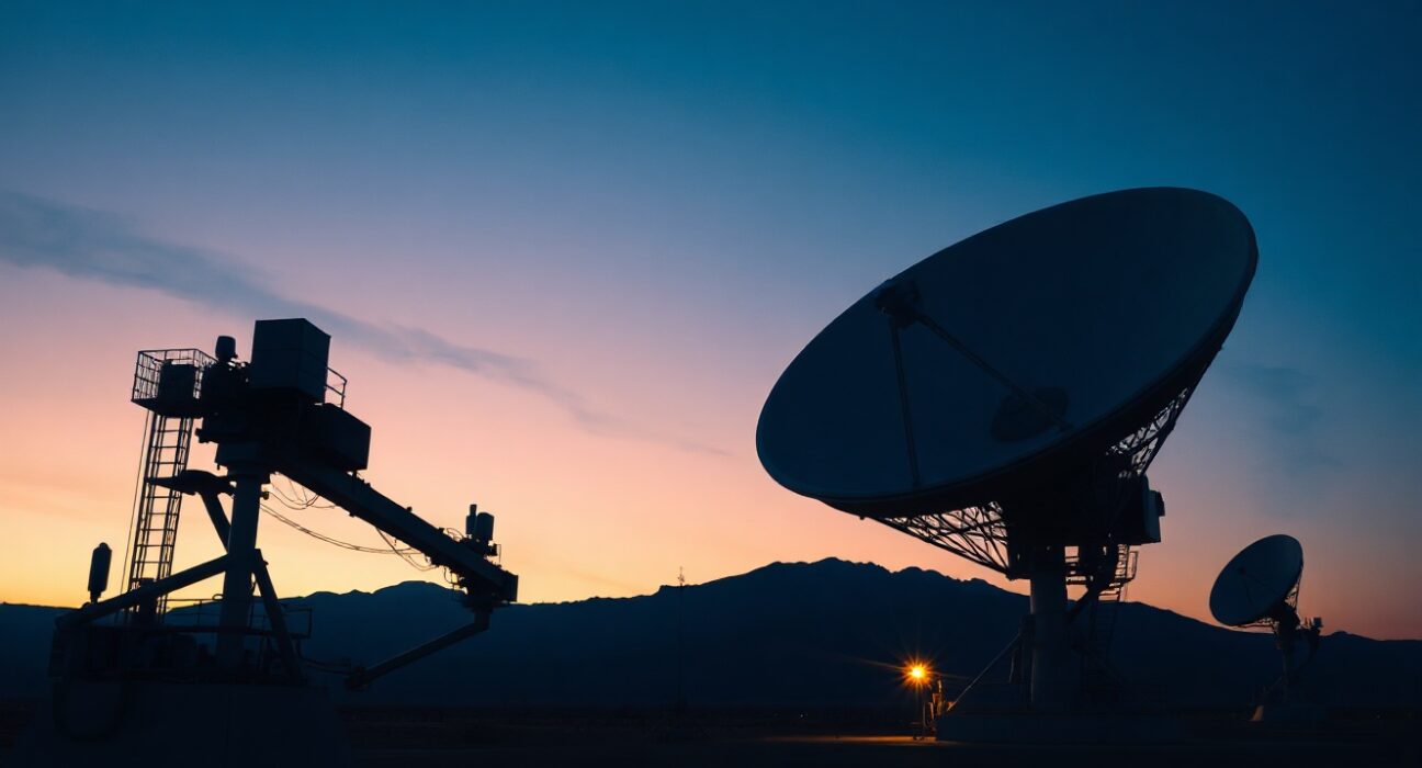 Satellite communication antennas at a ground station during sunset, representing ViaSat's operations.