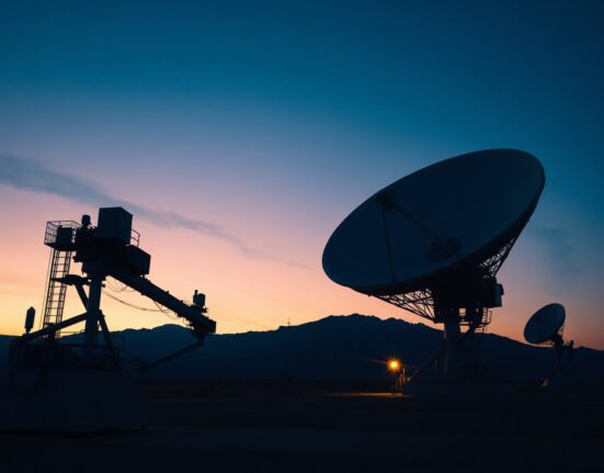 Satellite communication antennas at a ground station during sunset, representing ViaSat's operations.