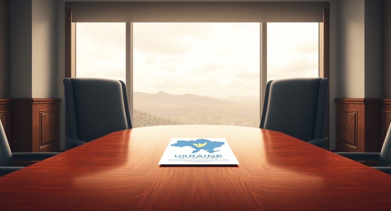 Victory Day ceasefire proposal document with Ukraine map and dove icon on a diplomatic table, symbolizing potential peace negotiations.