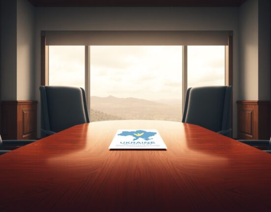 Victory Day ceasefire proposal document with Ukraine map and dove icon on a diplomatic table, symbolizing potential peace negotiations.