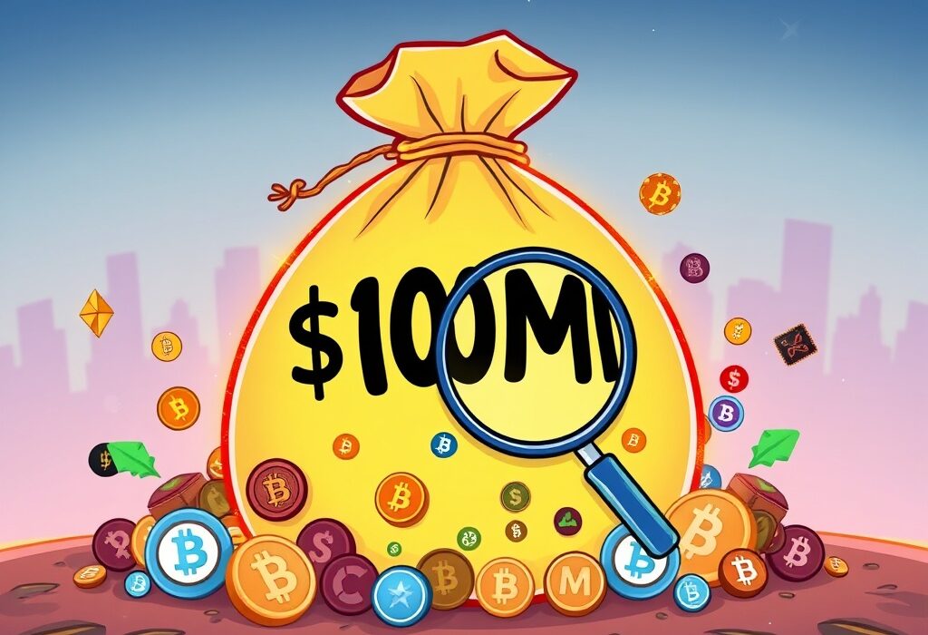 A cartoon illustration showing a large $10M crypto fund supporting various smaller, undervalued crypto projects, symbolizing new investment opportunities.