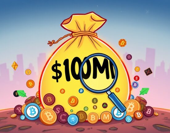 A cartoon illustration showing a large $10M crypto fund supporting various smaller, undervalued crypto projects, symbolizing new investment opportunities.