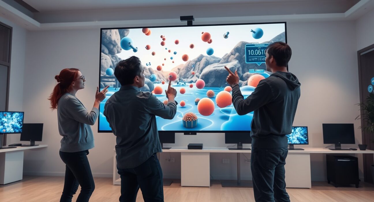 AI researchers analyzing a 3D video game environment used for training spatial intelligence models.