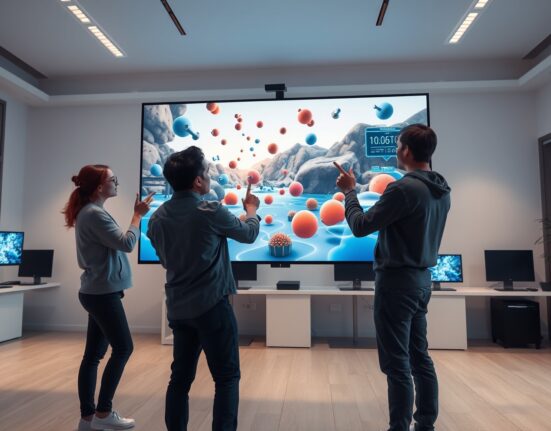 AI researchers analyzing a 3D video game environment used for training spatial intelligence models.