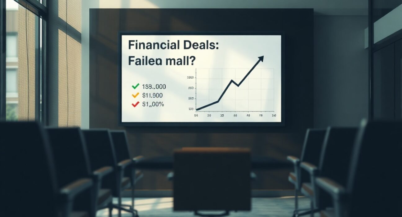 Conference room with financial documents and a declining graph, symbolizing the collapsed VideoVerse acquisition.