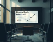 Conference room with financial documents and a declining graph, symbolizing the collapsed VideoVerse acquisition.