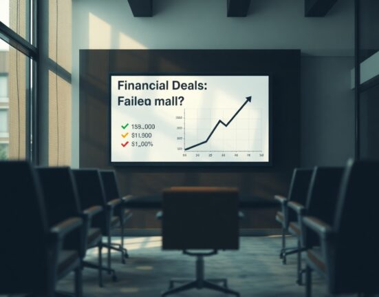 Conference room with financial documents and a declining graph, symbolizing the collapsed VideoVerse acquisition.
