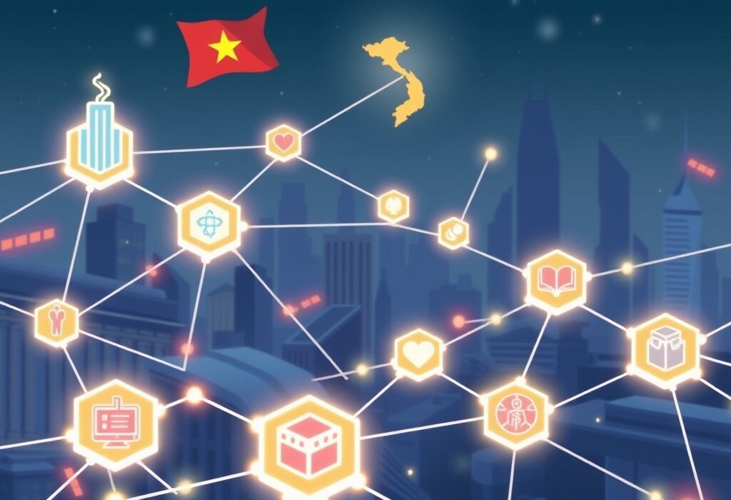 A digital network representing Vietnam's revolutionary NDAChain, symbolizing the country's advancement in Vietnam blockchain technology.