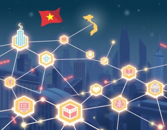 A digital network representing Vietnam's revolutionary NDAChain, symbolizing the country's advancement in Vietnam blockchain technology.