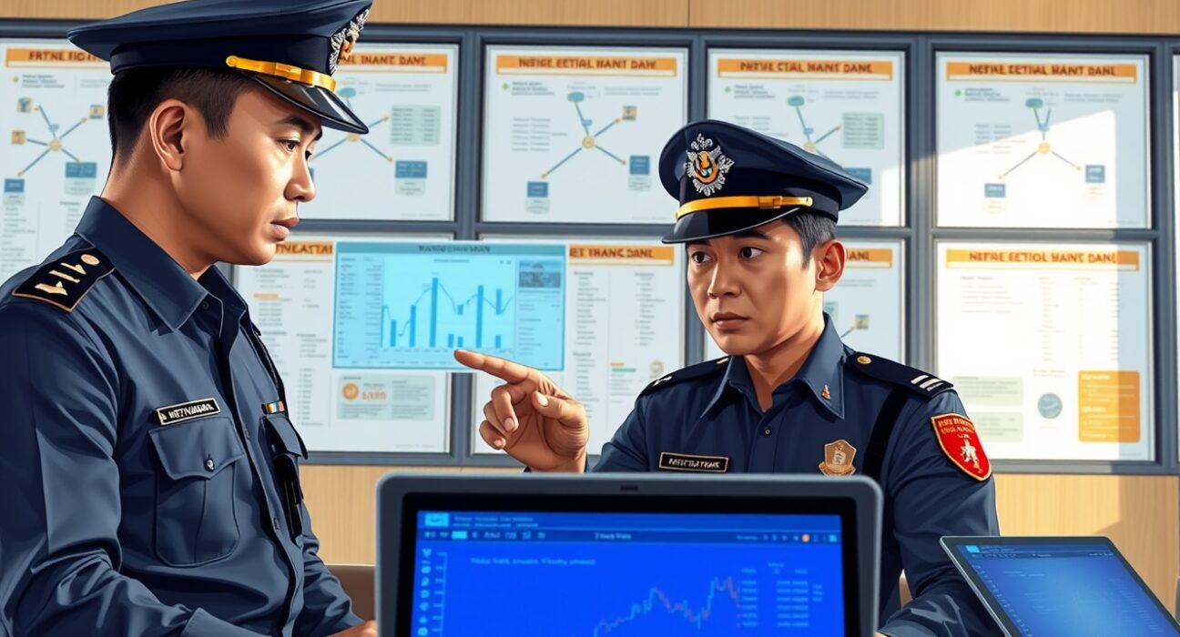 Vietnamese police investigating cryptocurrency fraud evidence on computer screens showing transaction data