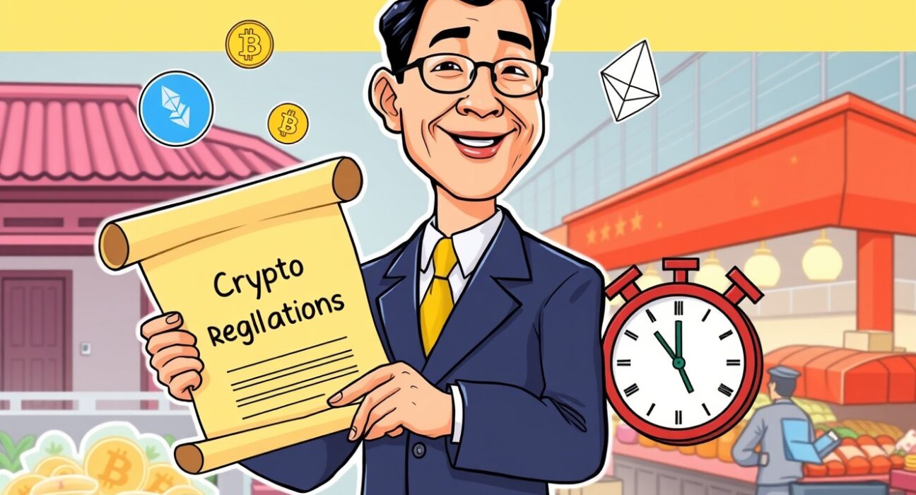 A cartoon illustration of Vietnam's new crypto regulation pilot program, showing a framework for digital assets.