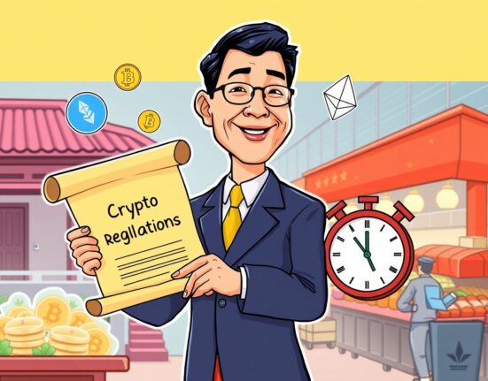 A cartoon illustration of Vietnam's new crypto regulation pilot program, showing a framework for digital assets.