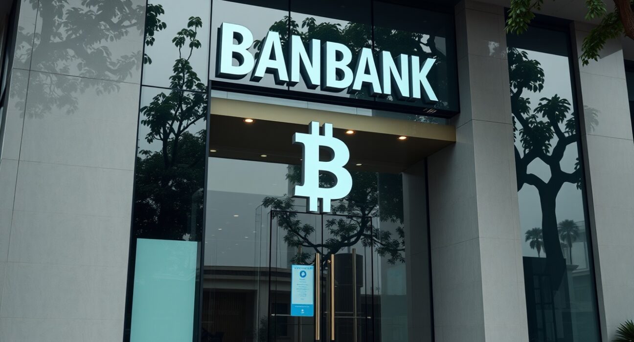 Modern bank building in Hanoi with subtle digital cryptocurrency symbols reflected in glass