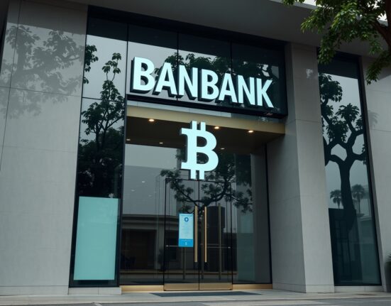 Modern bank building in Hanoi with subtle digital cryptocurrency symbols reflected in glass