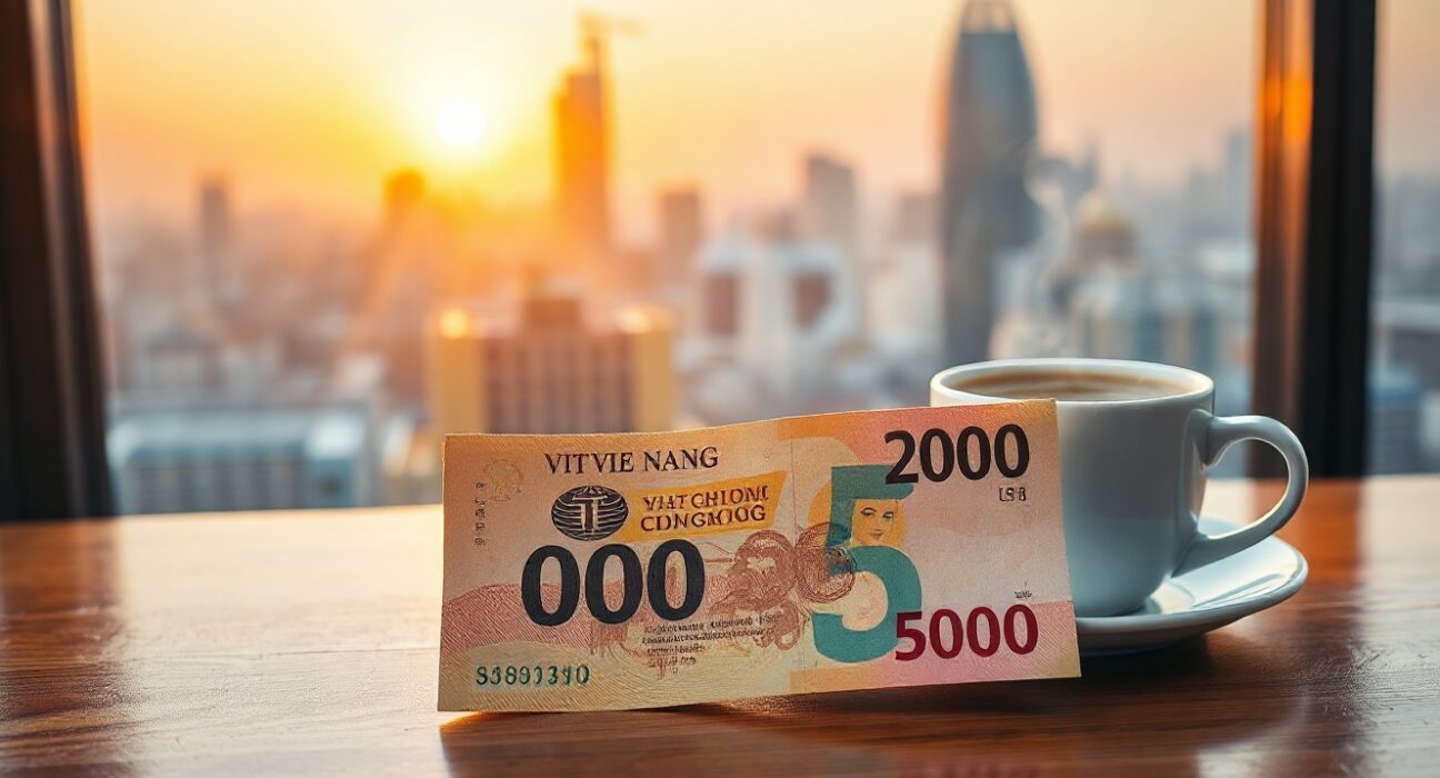 Vietnamese dong banknote on desk with city skyline background, representing currency analysis and economic pressure