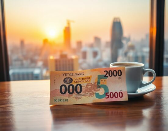 Vietnamese dong banknote on desk with city skyline background, representing currency analysis and economic pressure