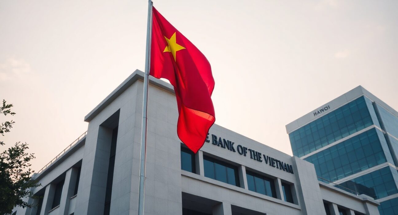 State Bank of Vietnam headquarters in Hanoi, symbolizing currency stability.