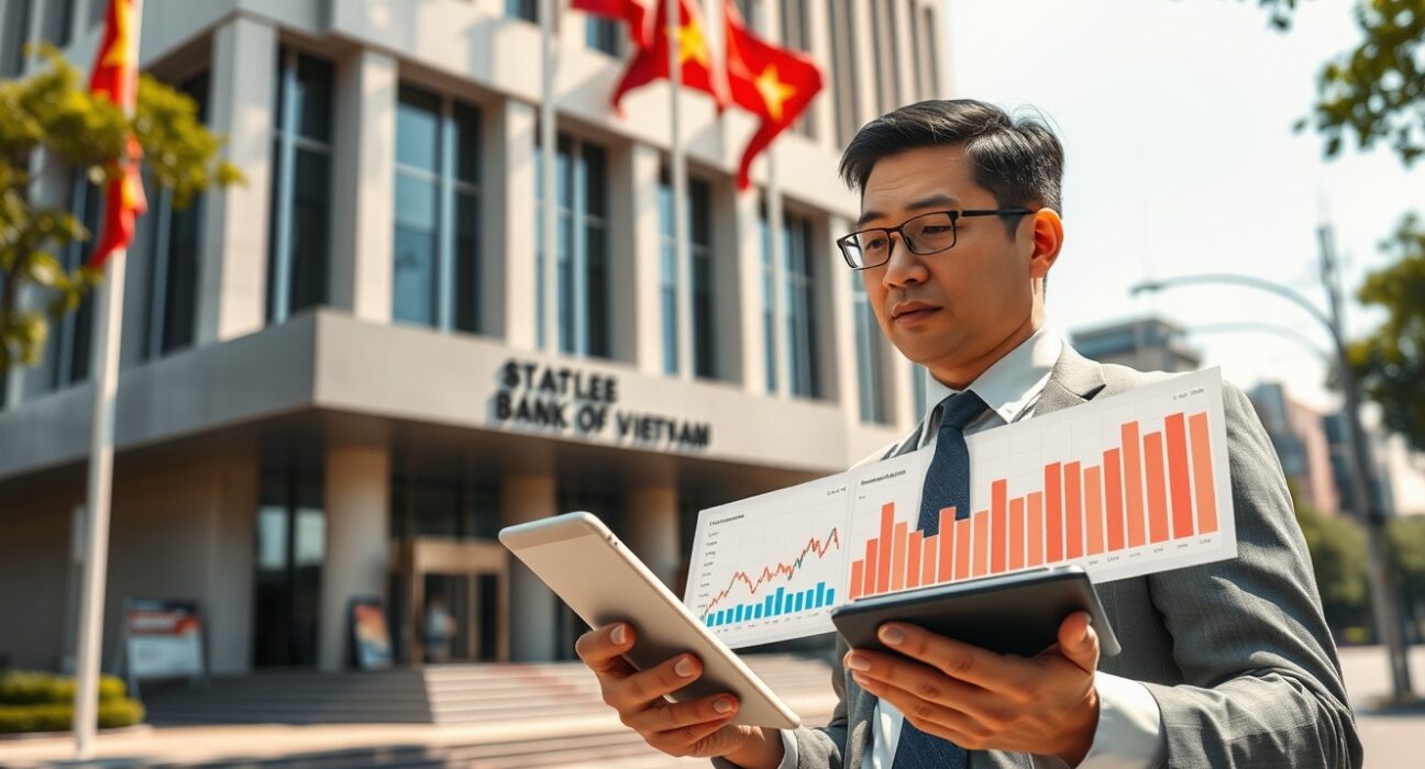 Economic analyst reviewing Vietnam inflation and growth data outside State Bank of Vietnam headquarters