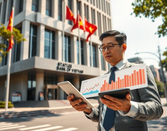 Economic analyst reviewing Vietnam inflation and growth data outside State Bank of Vietnam headquarters