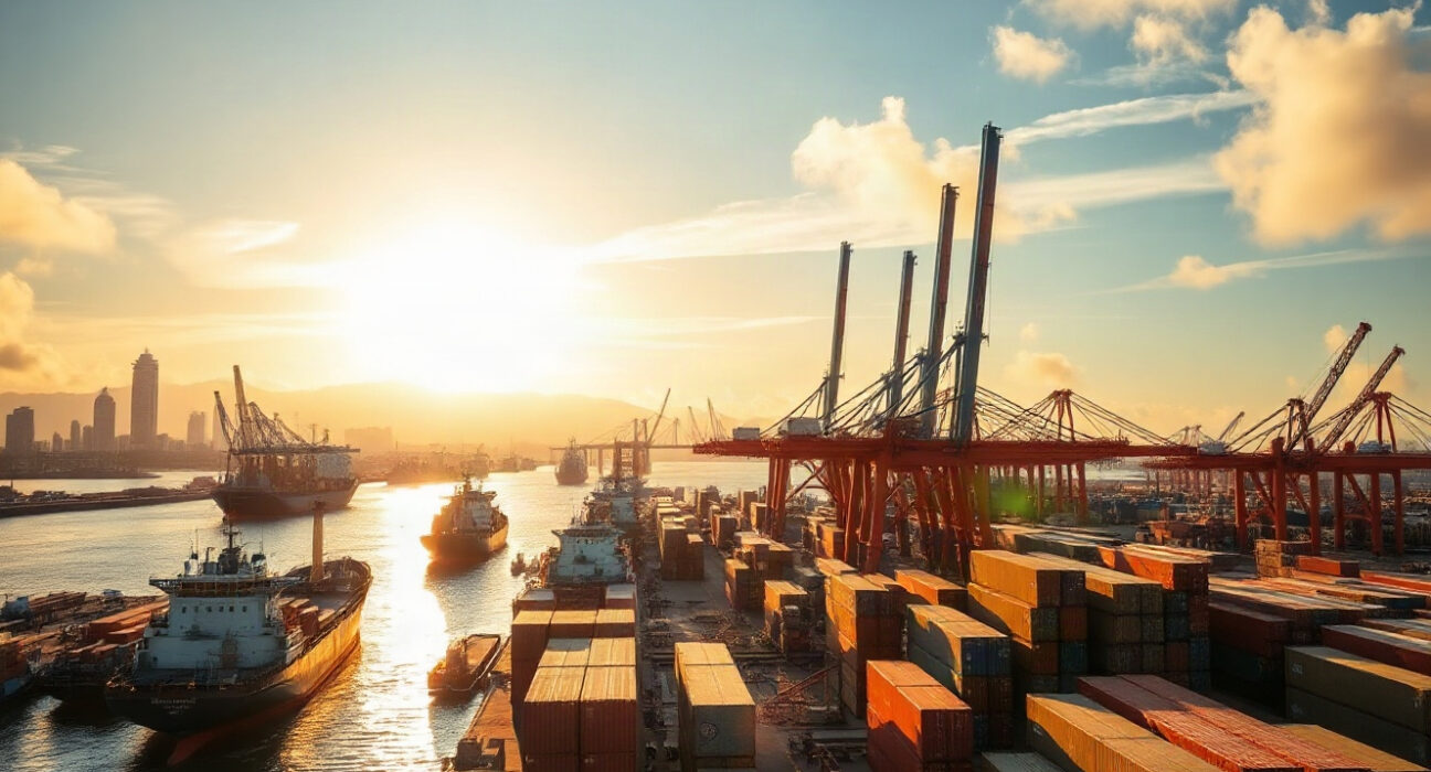 Cargo ships and containers at a busy Vietnamese port during golden hour, symbolizing robust trade.