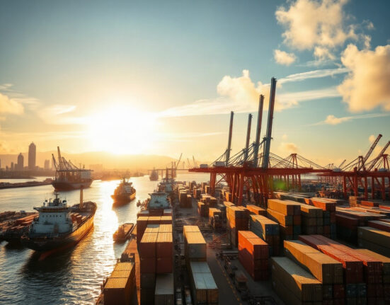 Cargo ships and containers at a busy Vietnamese port during golden hour, symbolizing robust trade.