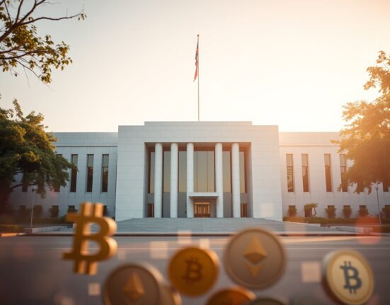 Government building in Hanoi with digital crypto symbols overlay representing Vietnam's new crypto regulation.