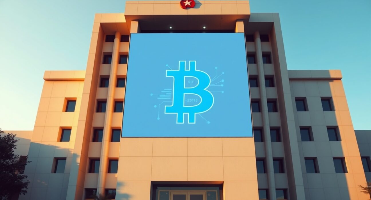 Digital screen showing Bitcoin and Vietnamese Dong symbol in front of a modern government building in Hanoi, representing Vietnam's upcoming regulated crypto market.