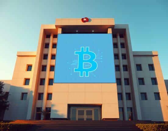Digital screen showing Bitcoin and Vietnamese Dong symbol in front of a modern government building in Hanoi, representing Vietnam's upcoming regulated crypto market.