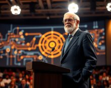 Vinton Cerf speaking at a technology conference in a three-piece suit