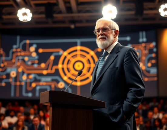 Vinton Cerf speaking at a technology conference in a three-piece suit