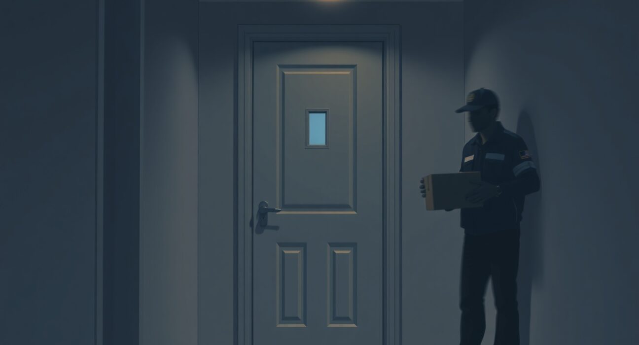 Illustration of a wrench attack threat at a crypto investor's apartment door in France, highlighting security risks.