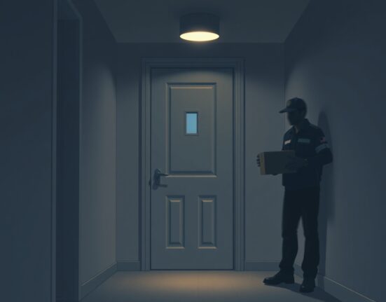 Illustration of a wrench attack threat at a crypto investor's apartment door in France, highlighting security risks.