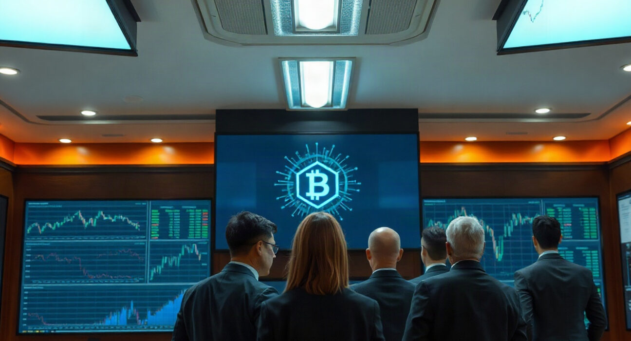 Financial professionals monitoring on-chain repo transaction data on large screens in a modern trading floor.