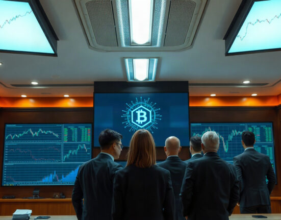 Financial professionals monitoring on-chain repo transaction data on large screens in a modern trading floor.