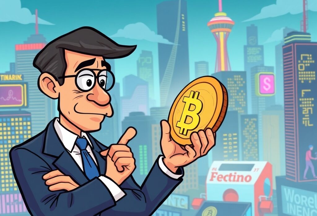 A cartoon regulator thoughtfully considering the inherent worth of digital currencies, clarifying the virtual assets ontological value debate.