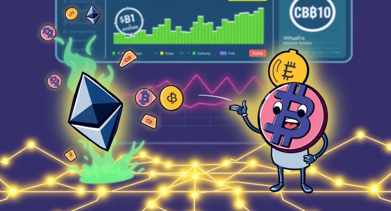 A cartoon illustrating Virtual Protocol's strategic ETH to cbBTC swap, showing a profitable crypto transaction on a blockchain.