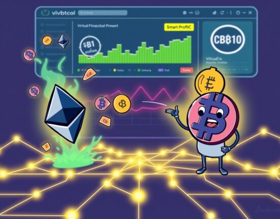 A cartoon illustrating Virtual Protocol's strategic ETH to cbBTC swap, showing a profitable crypto transaction on a blockchain.